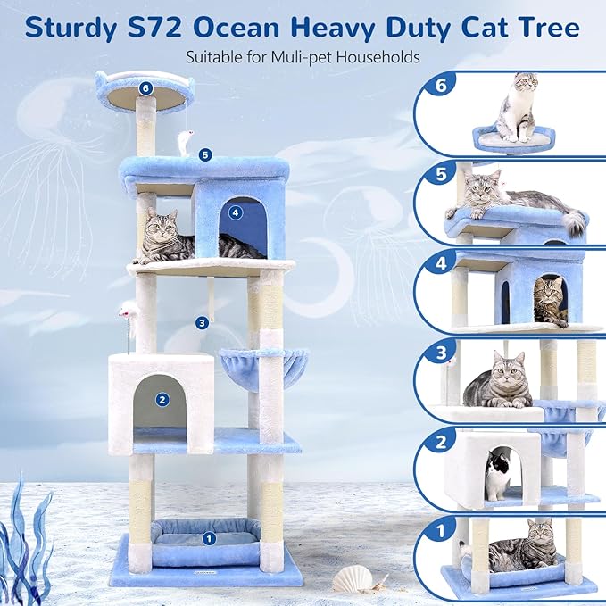 Globlazer Heavy Duty Cat Trees for Large Cats, Sturdy 72in Maine Coon Cat Tree for Large Cats 20 lbs+ Heavy Duty Cat Tower for Adult Biggest Cat with 6 Scratching Posts, Hammock, S72, Ocean Blue-PawvioPets