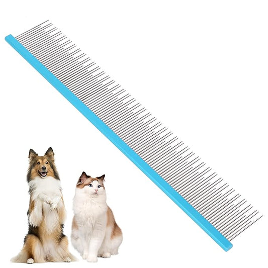 8.5 Inch Upgrade Blue Professional Pet Comb,Dual-Tooth Grooming Comb Anti-Static Smooth Rounded Corners Prevent Friction Breakage and Irritation,Removing Excess Hair for Long-Haired Cats and Dog-PawvioPets