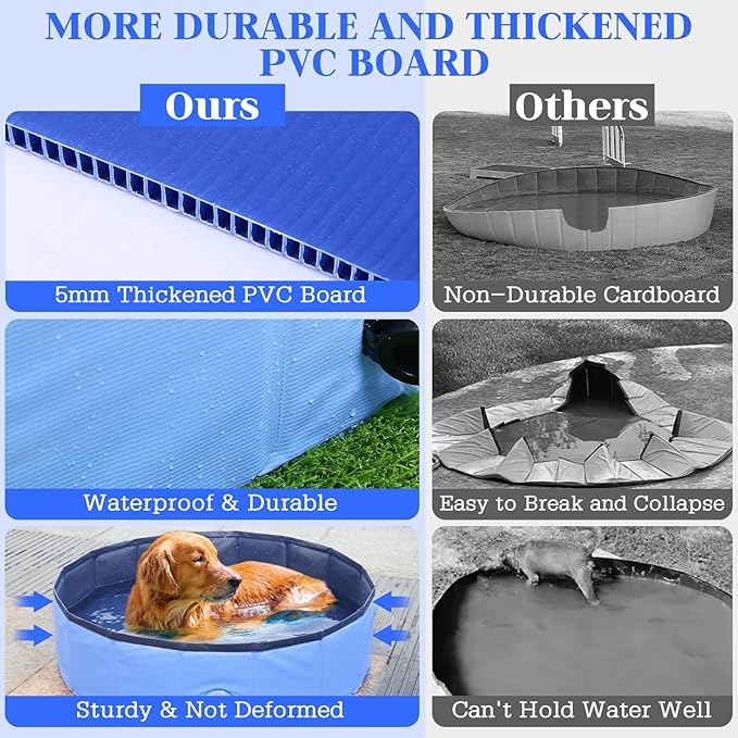 Foldable Dog Bath Swimming Pool Plastic Kiddie Pool Professional Tub Collapsible Grooming Bathtub for Pets Kids Baby and Toddler, 63 x 12 Inches Blue-PawvioPets