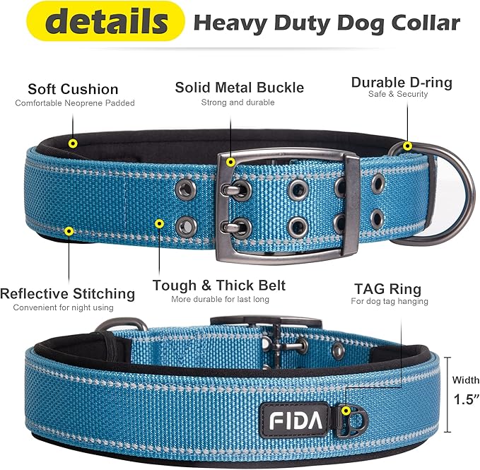 Fida Heavy Duty Dog Collar 1.5” Width, Ultra Soft Neoprene Padded, Adjustable Reflective Nylon Pet Collar with Two Metal Pin Belt Buckle for Extra-Large Breeds (XL, Blue)-PawvioPets