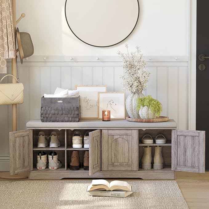 DINZI LVJ Shoe Bench, Entryway Storage Bench with Doors, Cushion, 2-Tier Shoe Rack with 8-Cubby, 47.2”L x 13.8”W Shoe Organizer Cabinet, Adjustable Shelf, Living Room, Bedroom, Greige-PawvioPets