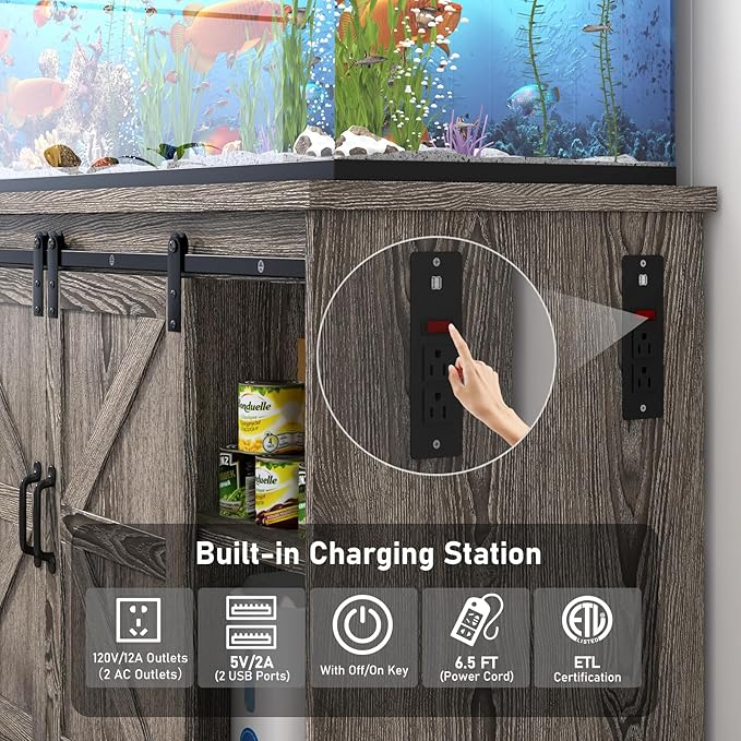 Farmhouse 55-75 Gallon Fish Tank Stand with Power Outlet, Aquarium Stand with Cabinet&Sliding Barn Door, Heavy Duty Reptile Tank Stand for 2 Fish Tank/Turtle Tank/Reptile Terrarium, Grey-PawvioPets