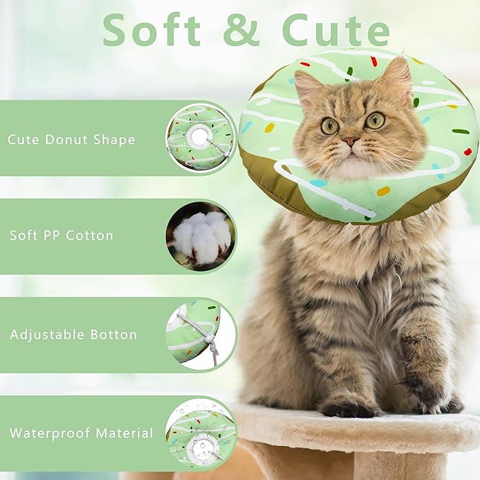 Cat Cone Collar Soft, Adjustable Cat Recovery Collar Kitten Cones to Stop Licking, Cute Donut E Collar After Surgery, Cats Neck Pillow Cone Elizabethan Cones of Shame (Waterproof Green, Medium)-PawvioPets