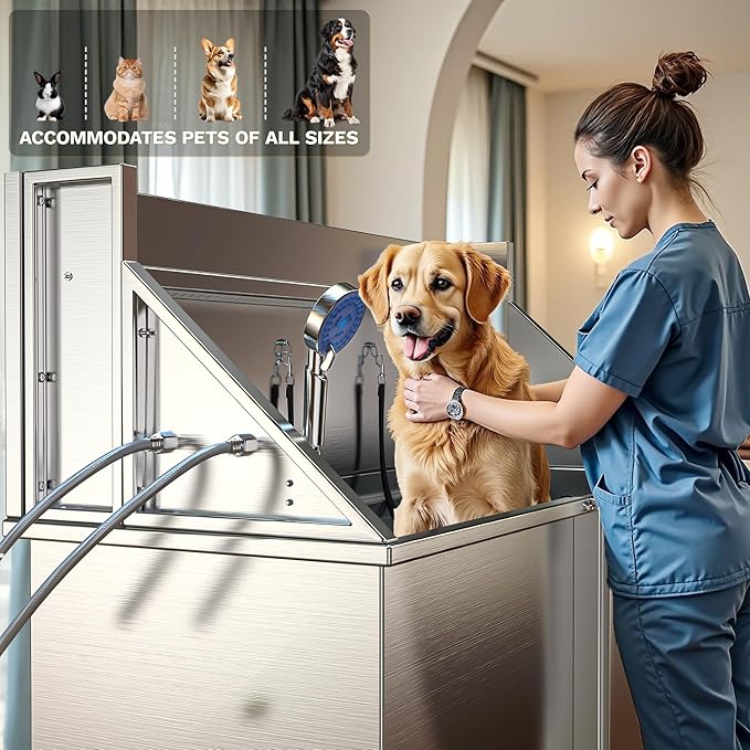 DWVO Professional Dog Bathing Station Stainless Steel 304 Dog Bathtub 50in for Grooming w/Left Door Ramp, 2 Storage Drawers, Faucet, Grate, Pet Washing Station for Large, Medium, Small Pets-PawvioPets