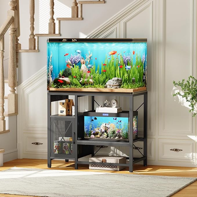 40-50 Gallon Fish Tank Stand, Aquarium Stand with Power Outlet and Storage Cabinet, Heavy Duty Tank Stand Suitable for Turtle Tank, Reptile Terrarium, for Home Office, Black FTBK50E01-PawvioPets