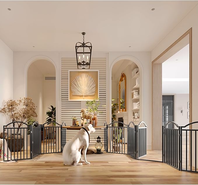 BHG Metal No-Assembly Freestanding Dog Gate with Door Walk Through, Extra Wide 144", Extra Tall 32" Pet Gate, Accordion Puppy Folding Playpen Dog Fence for Indoor & Outdoor, with 2PCS Support - Black-PawvioPets