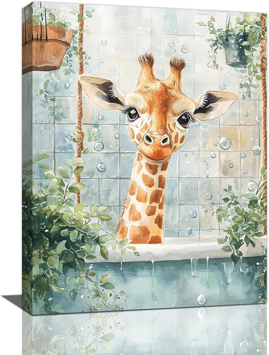 Bathroom Funny Giraffe Pictures Wall Art, Watercolor Giraffe Bathroom Wall Decor, Animal Framed Painting Canvas Artwork for Living Room Decorations 20"L x 16"W-PawvioPets