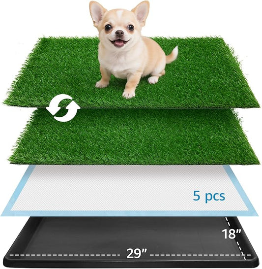 Dog Grass pad with Tray,29”x 18” Indoor Dog Potty with 2 Packs Replacement Artificial Fake Grass-5 Packs Disposable Puppy Pads,for Puppy Training Apartment,Apartment Use-PawvioPets