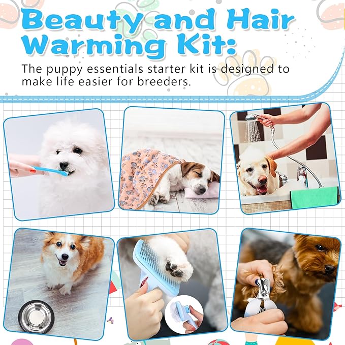 65 Pcs Puppy Supplies Starter Kit Small Dog Essentials Includes Dog Leash, Toys, Bowl, Brushes, Water Bottles, pet Blankets Puppy Accessories for New Welcome Gift Supplies(Cool,Blue)-PawvioPets