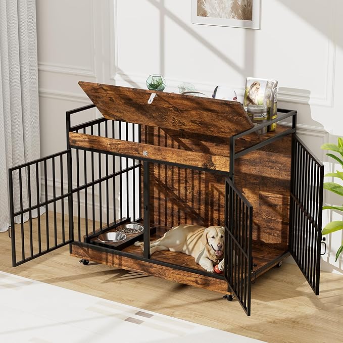 Dog Crate Furniture Large Breed with 2 Stainless Steel Bowls, Large Wooden Dog Crate Table, Escape-Proof & Chew-Proof XL Furniture, Decorate House As TV Stand, End Table, 45" L X 30" W 37" H-PawvioPets