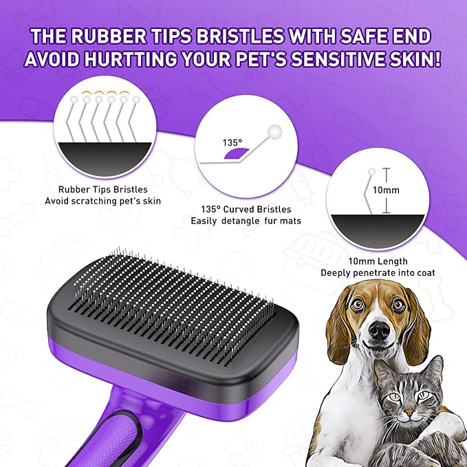 Dogs Cats Self Cleaning Slicker Brush for Shedding & Grooming Any Breed of Pets, Removes Loose, Undercoat, Mats, Tangled Hair for Small Medium Large Animal With Long Short Fur Length, Purple-PawvioPets