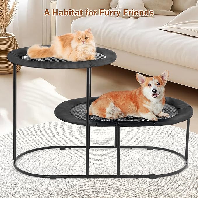 Defined Deco 2 Tier Elevated Cat Hammock Bed, Furniture Cat Bed Breathable Comfortable, Raised Cool Ca t Hammock for Indoor Cats, with Removable Mesh and Steel Frame for Summer-PawvioPets