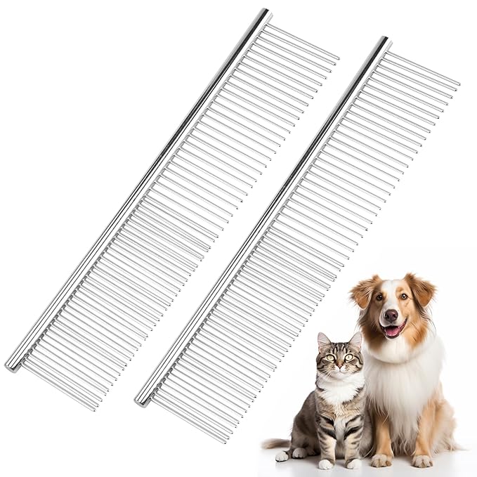 2Pcs Stainless Steel Dog Comb, Round Tooth Cat Comb with 2 Tooth Widths, Metal Combs for Removing Knots and Tangles, Grooming Tool for Long and Short Hair Pets, 7.5 IN Silver-PawvioPets
