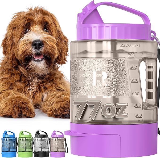 77oz Dog Travel Water Bottle, Large Portable Dog Water Bowl Dispenser, Leakproof Pet Drinking Bottle Dispenser for Hiking Camping Walking Travelling Beach Car Trips, No Spill, BPA Free,Purple-PawvioPets