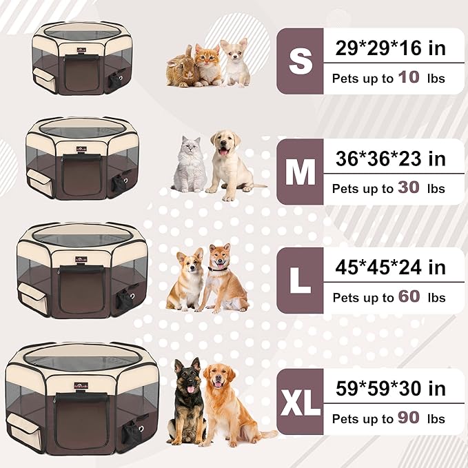 Aivituvin Dog Playpen, Foldable Pet Play Pens with Carrying Bag for Cat, Puppies, Rabbits, Portable Dog Tent Crates Cage for Travel Camping Indoor Outdoor, Removable Shade Cover, Brown S-PawvioPets