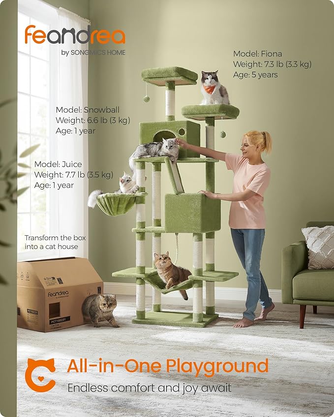 Feandrea Cat Tree, 81.1-Inch Large Cat Tower with 13 Scratching Posts, 2 Perches, 2 Caves, Basket, Hammock, Pompoms, Multi-Level Plush Cat Condo for Indoor Cats, Green UPCT190C01-PawvioPets