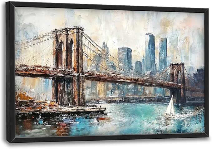 Extra Large Framed Brooklyn Bridge Wall Art,New York City Wall Decor,Abstract Skyline Cityscape Pictures for Living Room,Canvas Print Painting Modern Artwork Bedroom Office Bathroom 36L x24W-PawvioPets