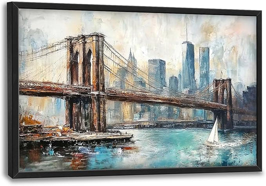 Extra Large Framed Brooklyn Bridge Wall Art,New York City Wall Decor,Abstract Skyline Cityscape Pictures for Living Room,Canvas Print Painting Modern Artwork Bedroom Office Bathroom 36L x24W-PawvioPets