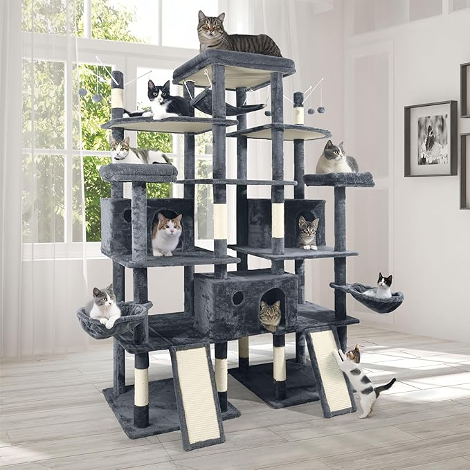 Extra Large 80-Inch Tall Cat Tree w/Widened Perch for Large Cats, Big Cat Tower Indoor, Modern Multi-Level Activity Tower with Scratching Posts, Condos, Baskets, Hammock, Scratching Ramps-PawvioPets