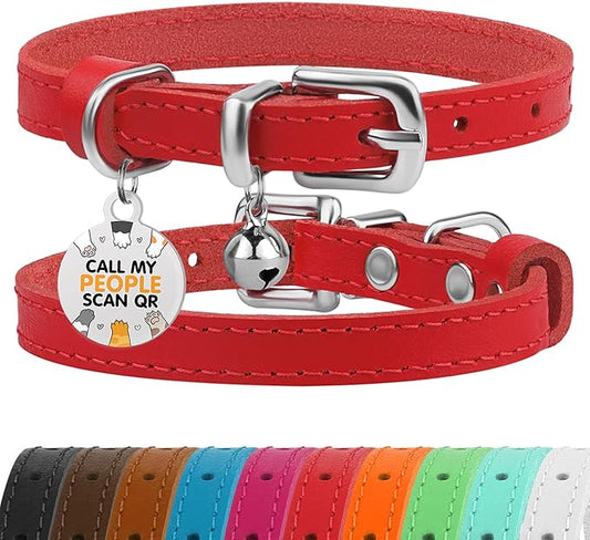 BRONZEDOG Leather Cat Collar with Removable Bells Non Breakaway Kitten QR Tag for Girl Boy (7" - 9" for Cats, Red & Silver)-PawvioPets