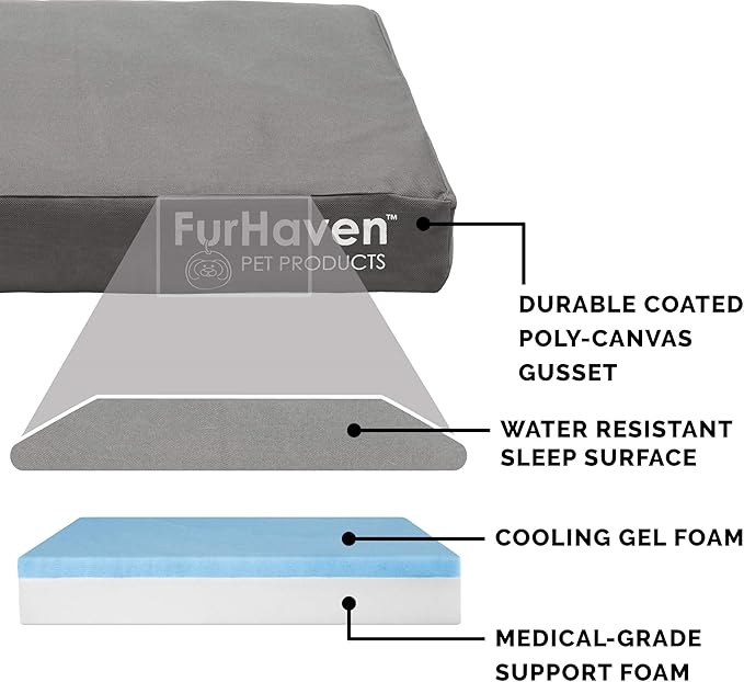Furhaven Water-Resistant Cooling Gel Dog Bed for Large Dogs w/ Removable Washable Cover, For Dogs Up to 125 lbs - Indoor/Outdoor Logo Print Oxford Polycanvas Mattress - Stone Gray, Jumbo Plus/XXL-PawvioPets