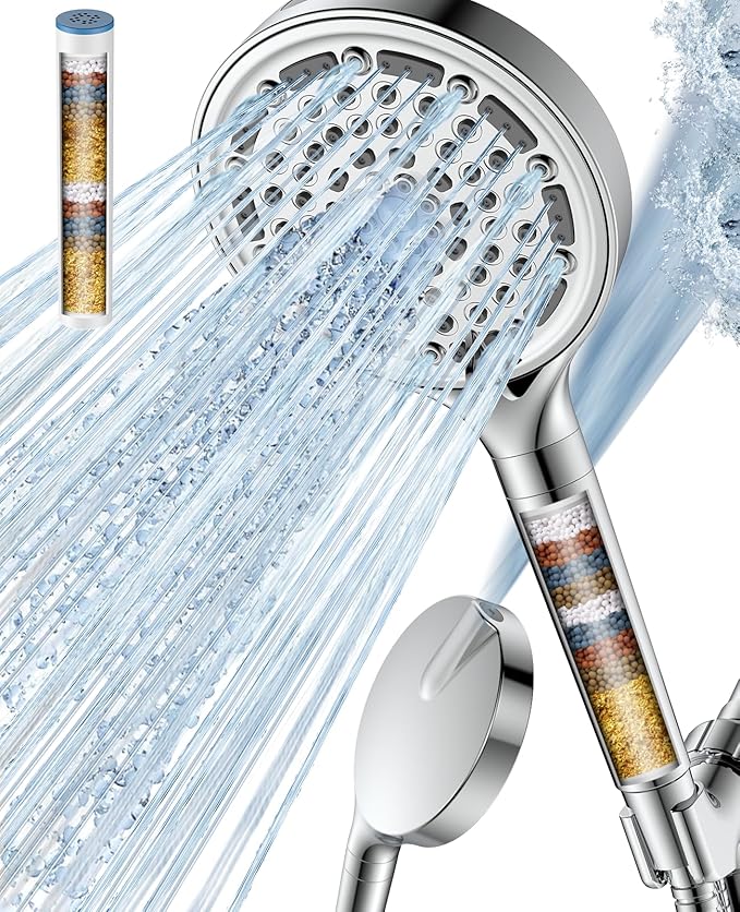 Filtered Shower Head with Handheld, Huge 6-Inch High Pressure Detachable Showerhead with Filters, Premium Chrome Water Softener Shower Head for Hard Water, Built-in Power Wash to Clean Tub and Pets-PawvioPets