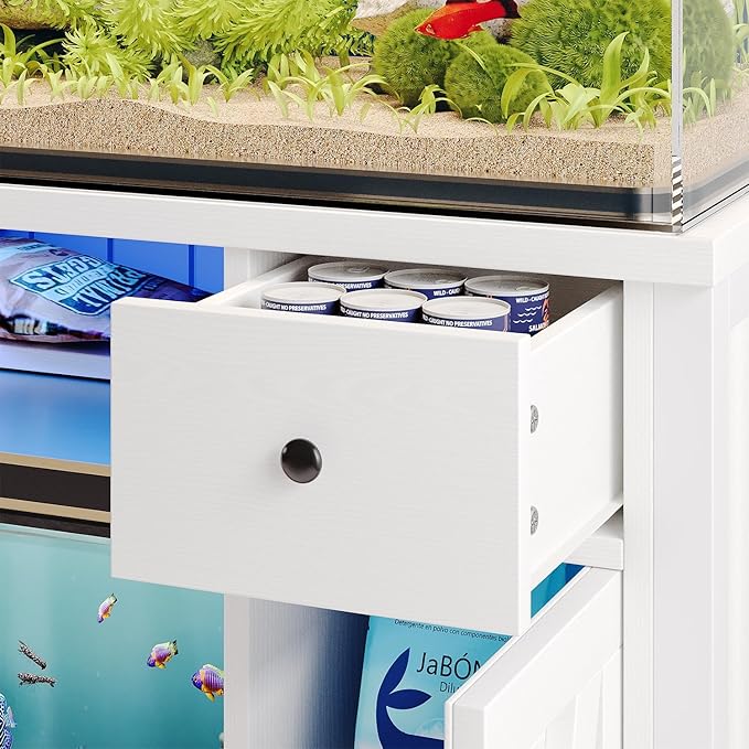 75 Gallon Fish Tank Stand with LED Light & Power Outlets, 55-75 Gallon Aquarium Stand with 2 Drawers & 2 Barn Doors, 52" L x 20" W Cabinet for 2 Fish Tank Accessories Storage, Turtle Tank, White-PawvioPets
