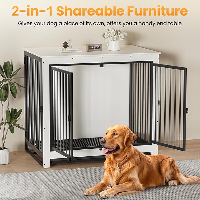 Dog Crate Furniture, Large Dog Crate Furniture, Wooden Cage Kennel Furniture Indoor, Modern Dog Crate with Multi-Purpose Removable Tray, Double-Doors Dog Furniture, End table dog crate, White-PawvioPets