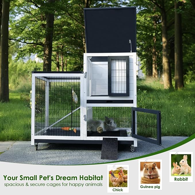 Bunny Hutch Indoor Rabbit Cage Outdoor 2-Story Rabbit House with Urine Guards and 2 Removable Tray for Small Animals-PawvioPets