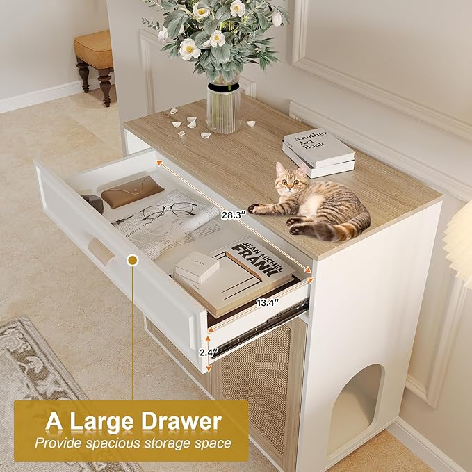 Cat Litter Box Enclosure Furniture Hidden Indoor 2-in-1 Wooden Cat House & Washroom Cabinet with Scratching Board Doors and Drawer, 31.5"x15.7"x34.6"H-PawvioPets