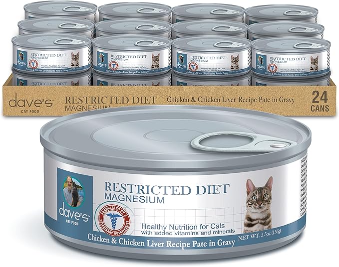 Dave's Pet Food Urinary Tract Cat Food Wet (Chicken Pate in Gravy), Non-Prescription Low Magnesium Restricted Diet Canned Cat Food, Added Vitamins, Vet Recommended, 5.5 oz (24 Pack)-PawvioPets