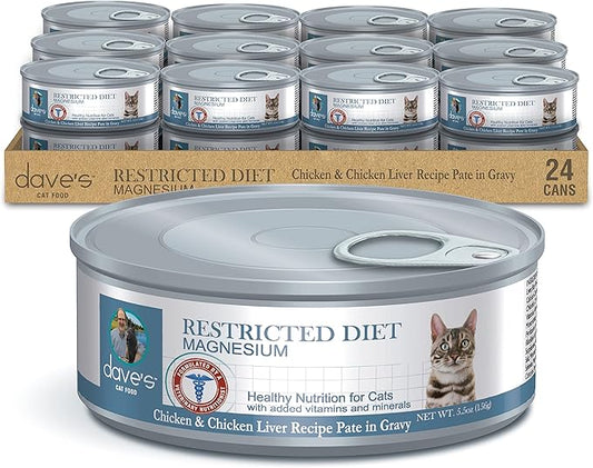 Dave's Pet Food Urinary Tract Cat Food Wet (Chicken Pate in Gravy), Non-Prescription Low Magnesium Restricted Diet Canned Cat Food, Added Vitamins, Vet Recommended, 5.5 oz (24 Pack)-PawvioPets