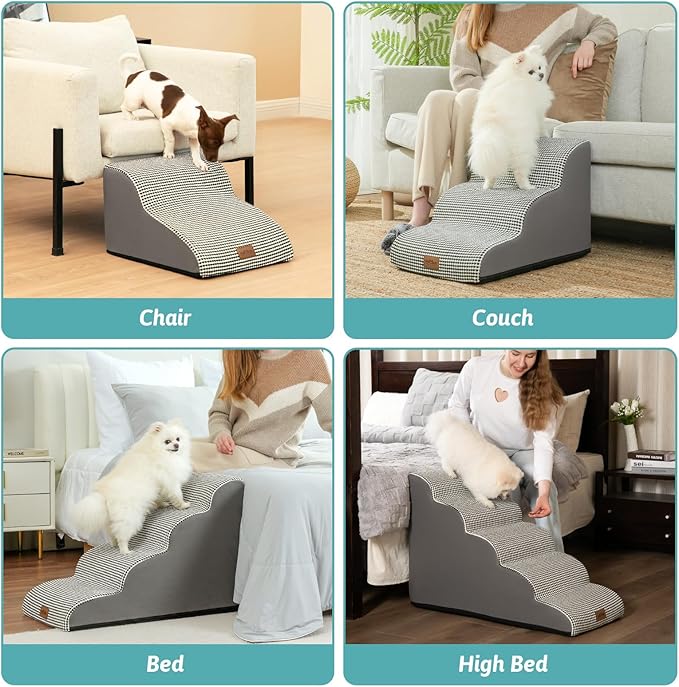 Dog Stairs for High Bed 22.6" H, Small Dog Step for Puppy, Older or Cat, Curved Ramp for Car, Ladder with High Density Foam, Lightweight, Durable, 15.7x33x22.6 inch, 5 Step, White Black-PawvioPets