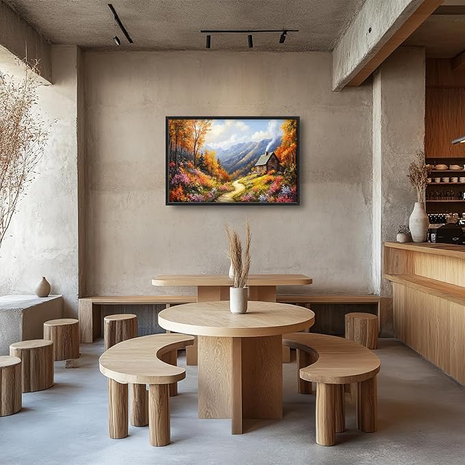 Framed Large Autumn Mountain Wall Art for Living Room, Oversized Wildflower Tree Wall Decor Nature Landscape Canvas Painting Modern Artwork Home Decoration for Living Room Bedroom 36"x24"-PawvioPets