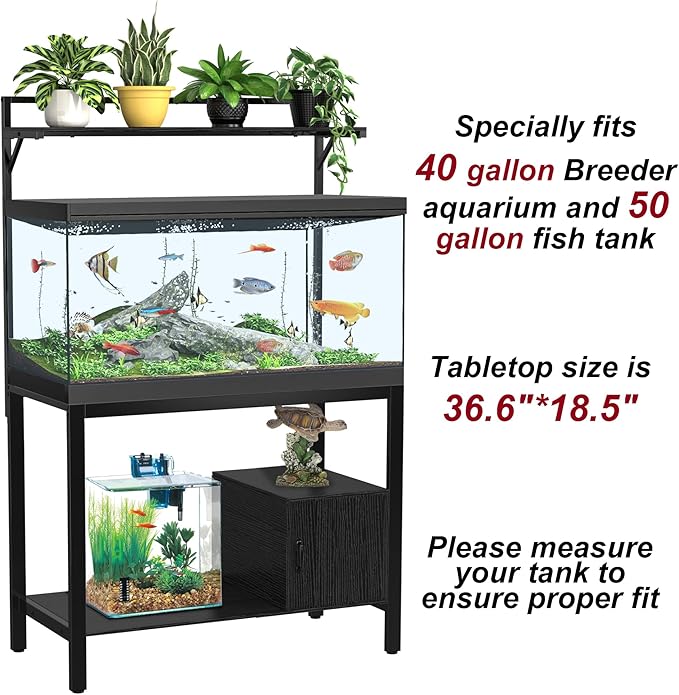 GDLF 40-50 Gallon Fish Tank Stand with Plant Shelf Metal Aquarium Stand with Cubby Storage 36.6" x 18.5" Tabletop fits Aquarium,Turtle Tank,or Reptile Terrariums-PawvioPets