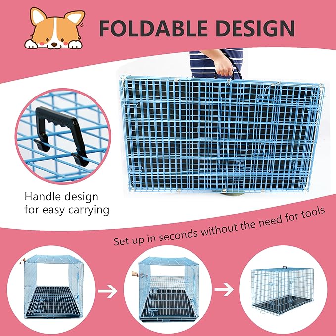 FDW Dog Crate for Large Dogs 48 Inch Folding Metal WirePet Cage Double Door W/Divider Panel Indoor Outdoor Kennel Leak-Proof Plastic Tray,Blue-PawvioPets