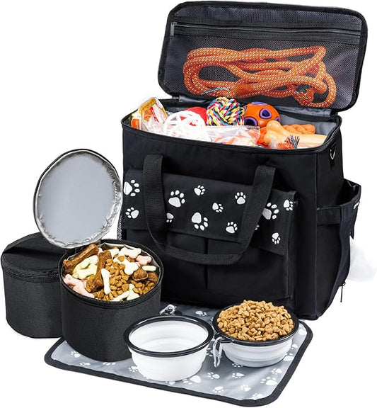 Dog Travel Bag, Airline Approved Dogs Bags for Traveling, 2 Dog 's Food Travel Container and Collapsible Bowls, Weekend Pet Travel Bags-PawvioPets