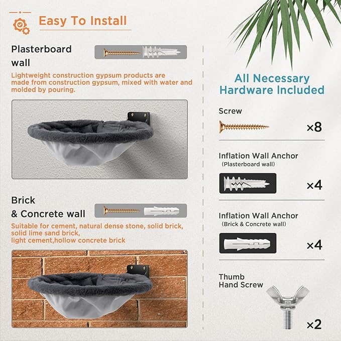 Cat Hammock Wall Mounted, Foldable & Stable Cat Beds- Breathable Cats Wall Shelves for Sleeping, Playing, Climbing, and Lounging - Maximum Hold Up to 30lb（Gray,Faux Rabbit Fur）-PawvioPets