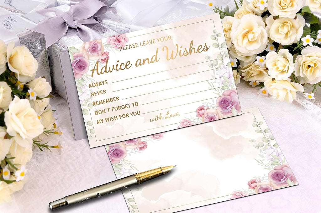 Purple Floral Advice and Wishes Cards, 25 Pcs Blush Pink Double Sided Advice Cards for The Bride and Groom, Mr and Mrs, Bride Shower, Wedding Reception, Engagement Party(09)