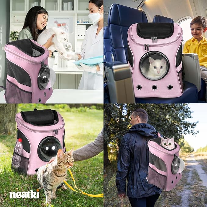 Cat Backpack Carrier, Airline Approved, Space Capsule Bubble Design, Ideal for Cats & Dogs up to 28-35 lbs, with Strong Straps, Safety Zippers, Mesh, Comfortable for Hiking & Travel (Pink)-PawvioPets