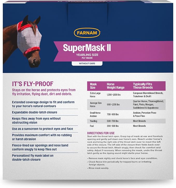 Farnam SuperMask II horse fly mask without ears, extended coverage, protects eyes from insects and debris, adjustable throat latch, Yearling size-PawvioPets