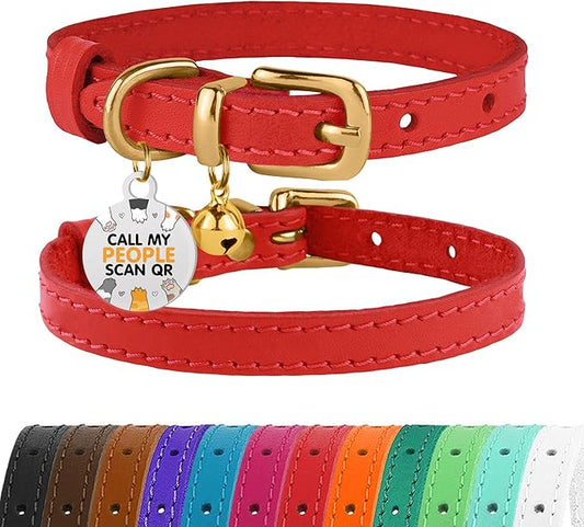 BRONZEDOG Leather Cat Collar with Removable Bells Non Breakaway Kitten QR Tag for Girl Boy (7" - 9" for Cats, Red & Gold)-PawvioPets