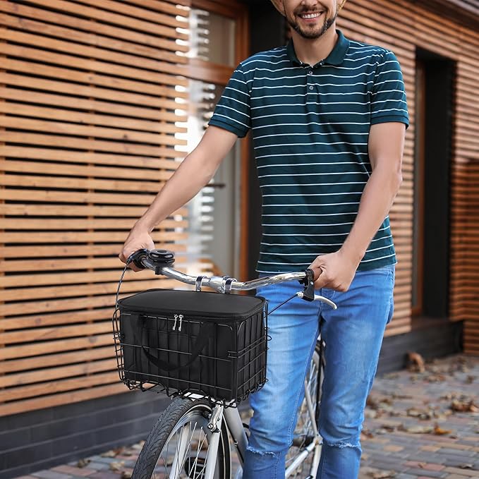 Aodaer Bike Basket with Removable Liner Bag Cargo Net Large Folding Bike Basket Quick Release Metal Ebike Basket Bicycle Storage Basket for Carrying Fruit & Grocery Pets Dogs-PawvioPets