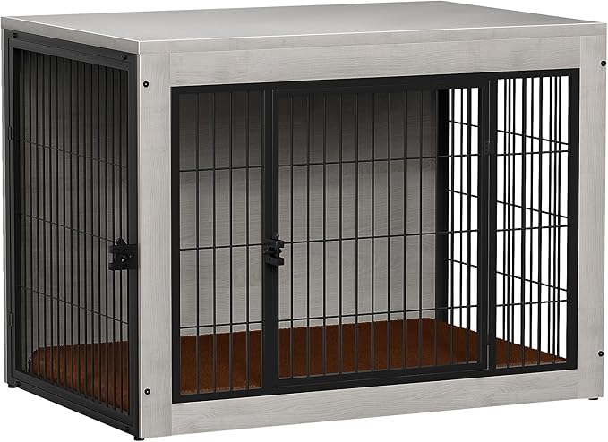 Bigrab Dog Crate Furinture with Thick Cushion, Side End Table Wooden Dog Cage with Double Doors, Chew-Resistant Dog Kennel Dog House Indoor for Small to Large Dog, L (Grey)-PawvioPets