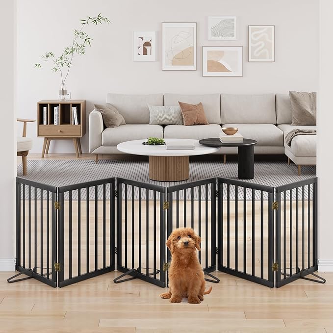 Extra Wide Dog Gate 110 inches Wide, Freestanding Pet Gate for The House Doorway, Pet Puppy Barrier, Support Feet Included, Black,6 Panels-PawvioPets
