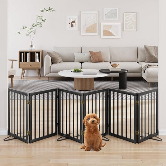 Extra Wide Dog Gate 110 inches Wide, Freestanding Pet Gate for The House Doorway, Pet Puppy Barrier, Support Feet Included, Black,6 Panels-PawvioPets