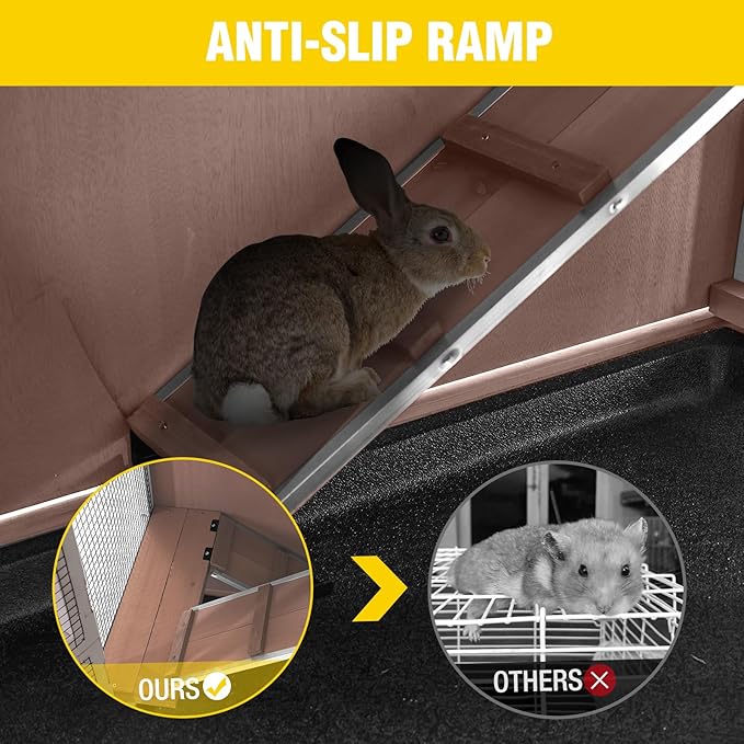 Aivituvin Rabbit Hutch Indoor, Bunny Cage with Wheels, 2-Story Design, 2 Deep Trays, Anti Slip Ramp, Ideal for Small Animals - Brown-PawvioPets