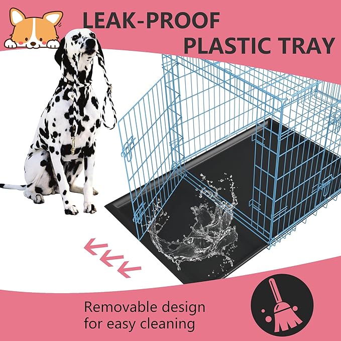 FDW Dog Crate for Large Dogs 48 Inch Folding Metal WirePet Cage Double Door W/Divider Panel Indoor Outdoor Kennel Leak-Proof Plastic Tray,Blue-PawvioPets