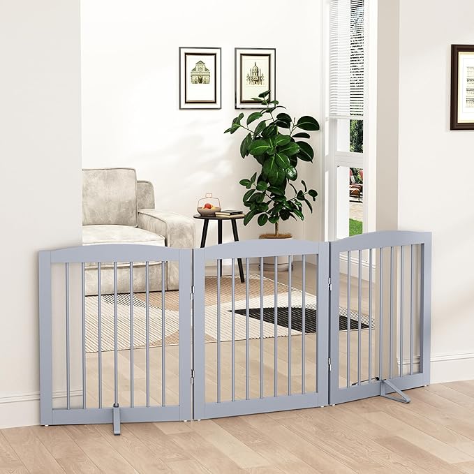 Freestanding Pet Gate for Dogs, Foldable Wooden Dog Gate for House, Indoor Dog Gate for Doorways, Stairs, Gates for Dogs Indoor, Support Feet Included, 24" Height 3 Panels, Grey-PawvioPets