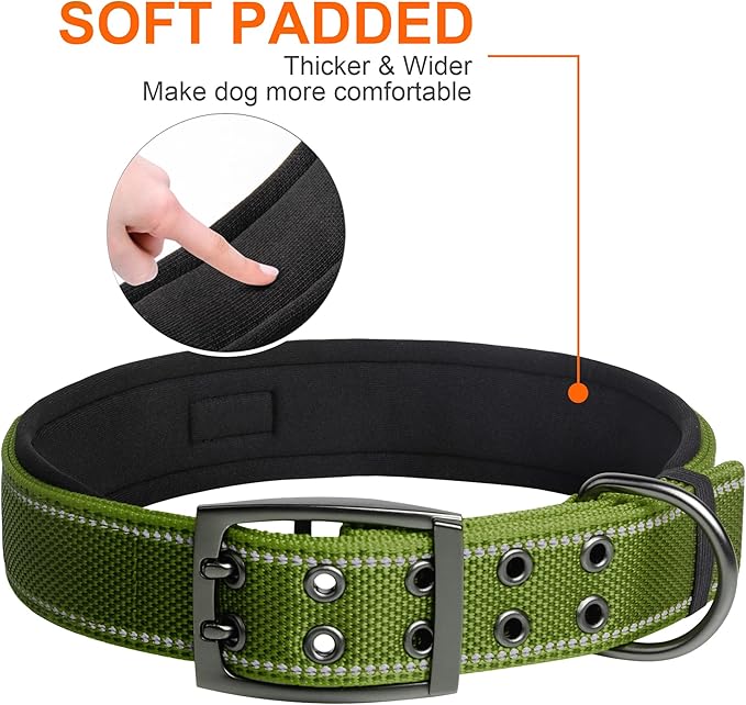 Fida Heavy DutyDog Collar for Large Dogs, Ultra Comfortable Soft Neoprene Padded, Adjustable Reflective Nylon Pet Collar with Durable Metal Belt Buckle for Extra Large Breeds(XL, Green)-PawvioPets